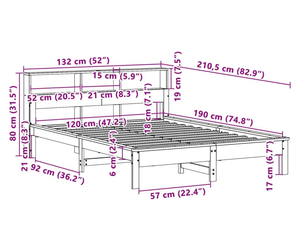 barna tömör fenyőfa könyvespolcos ágy matrac nélkül 120 x 190cm - 9