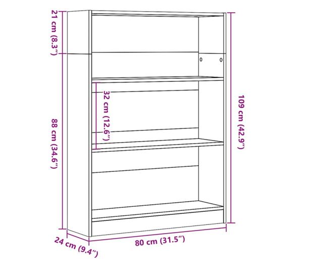füstös tölgy színű szerelt fa könyvszekrény 80 x 24 x 109 cm