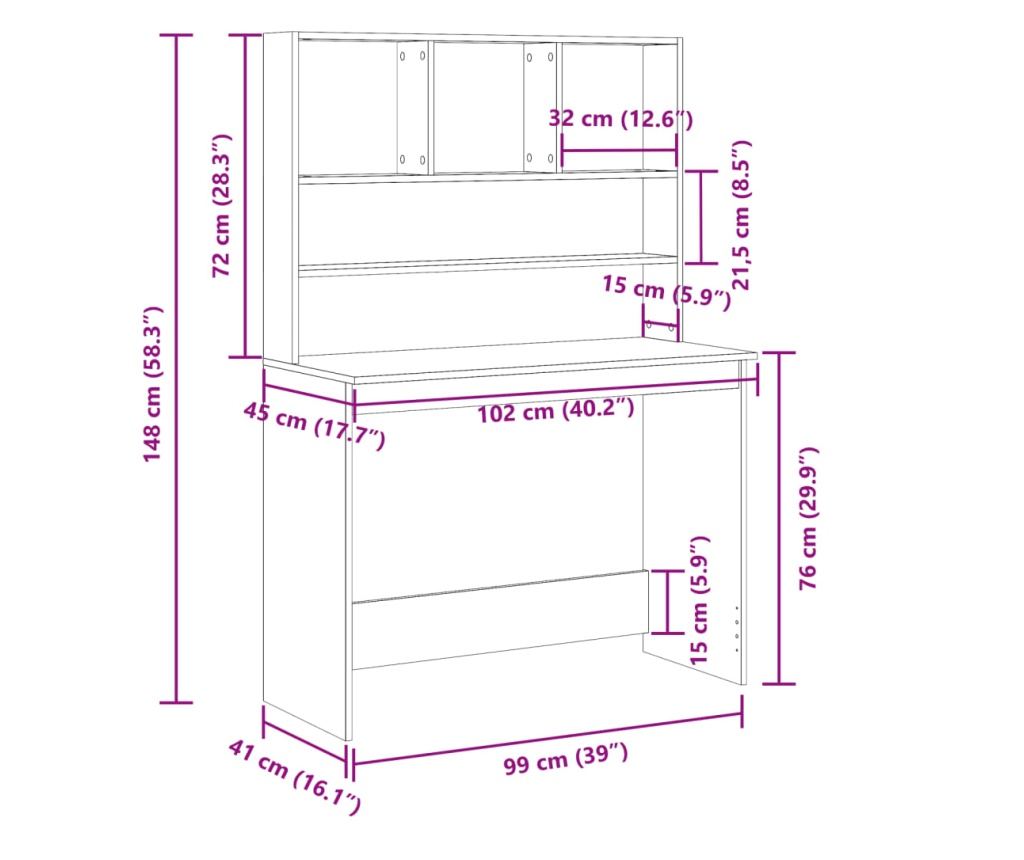 kézműves tölgy szerelt fa íróasztal polcokkal 102 x 45 x 148 cm - 9