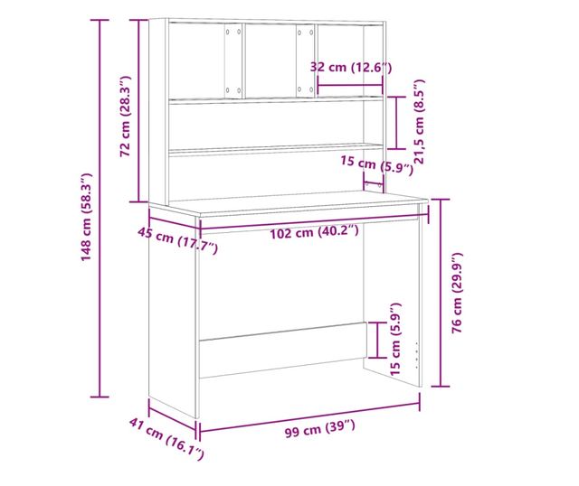 antik fa színű szerelt fa íróasztal polcokkal 102 x 45 x 148 cm