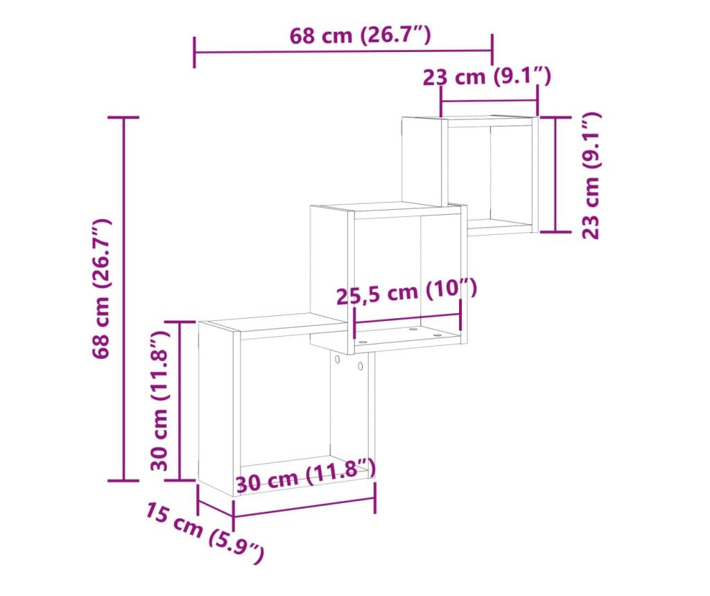 antik fa színű szerelt fa fali kocka polcok 68x15x68 cm - 10