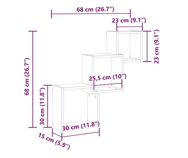 kézműves tölgy színű szerelt fa fali kocka polcok 68x15x68 cm