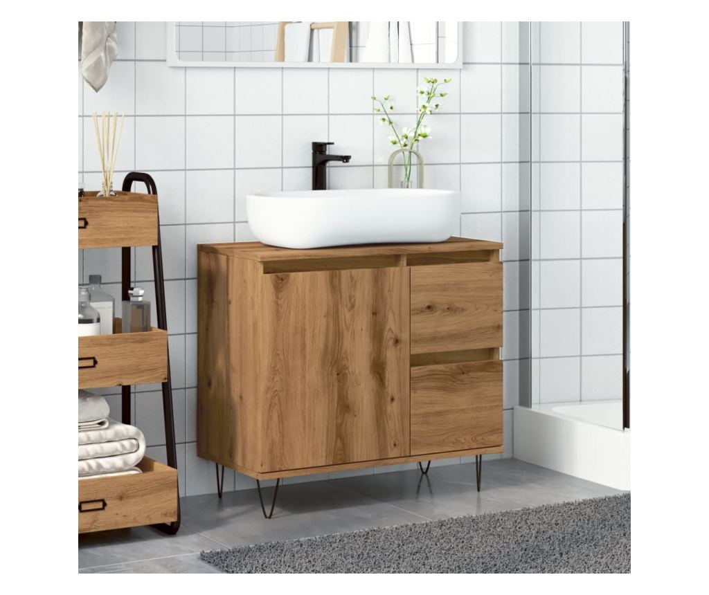 kézműves tölgy színű szerelt fa mosdószekrény 65 x 33 x 60 cm - 3