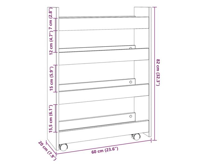4 szintes füstös tölgy színű szerelt fa keskeny tárolókocsi