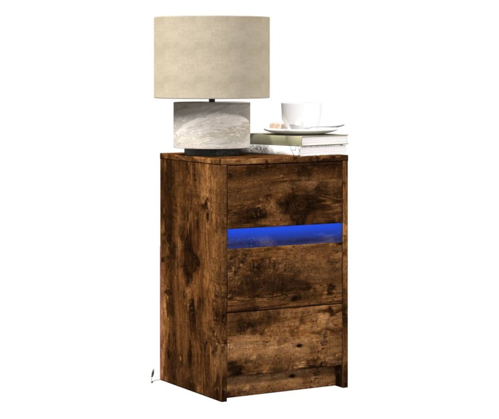 Noćni ormarić s LED svjetlima, Smoky Oak, obrađeno drvo - 2