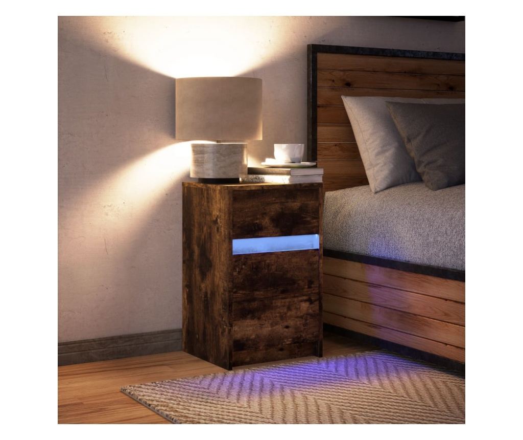 Noćni ormarić s LED svjetlima, Smoky Oak, obrađeno drvo - 5