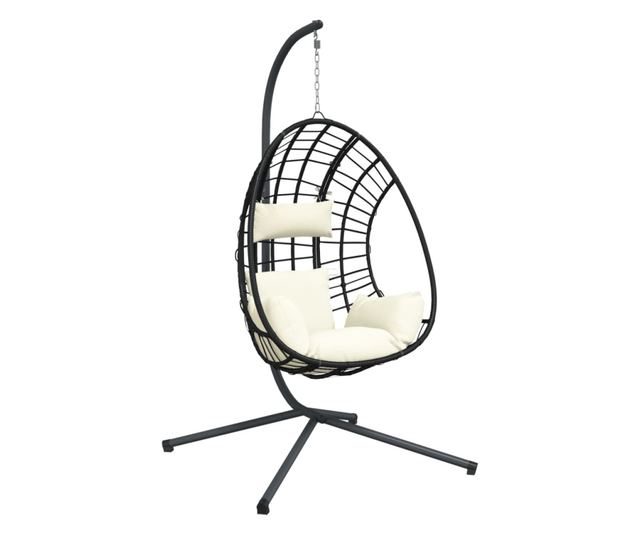 bézs rattan és acél függő kagylószék állvánnyal