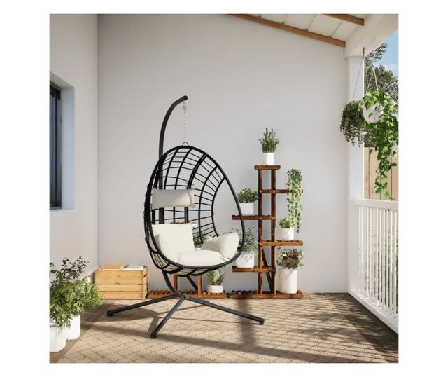 bézs rattan és acél függő kagylószék állvánnyal