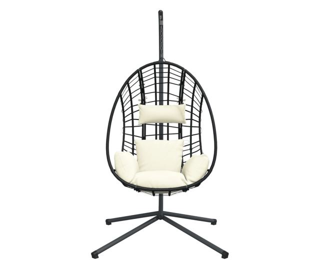 bézs rattan és acél függő kagylószék állvánnyal