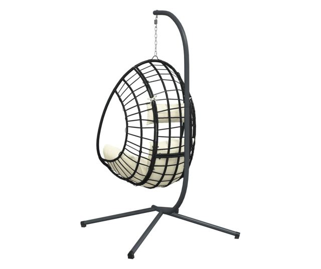 bézs rattan és acél függő kagylószék állvánnyal