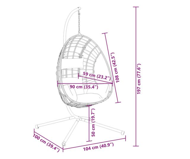 bézs rattan és acél függő kagylószék állvánnyal