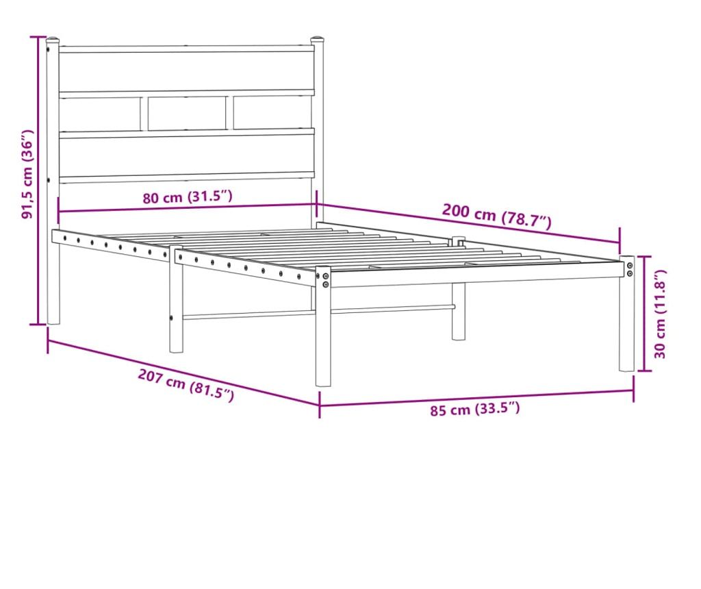 Kovový rám postele bez matrace kouřový dub 80 x 200 cm - 9