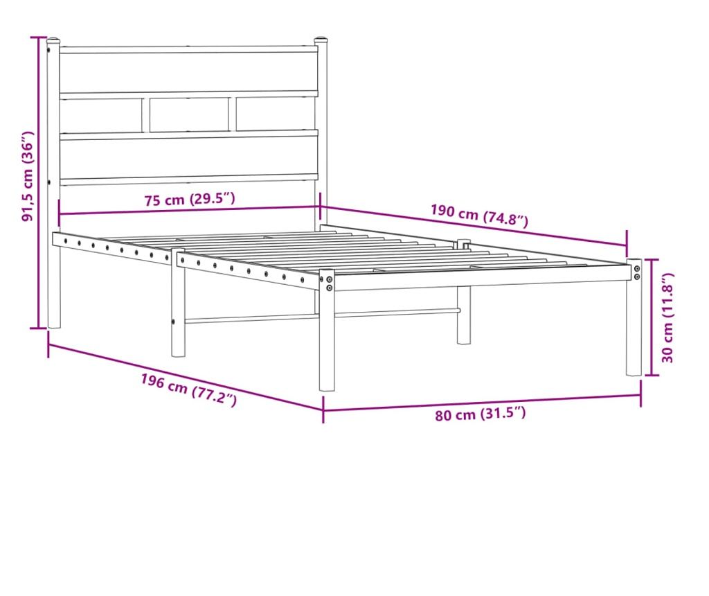 Kovový rám postele bez matrace dub sonoma 75 x 190 cm - 9