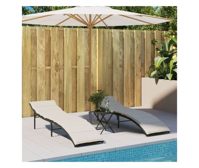 fekete polyrattan napozóágy párnával 55x199x50 cm