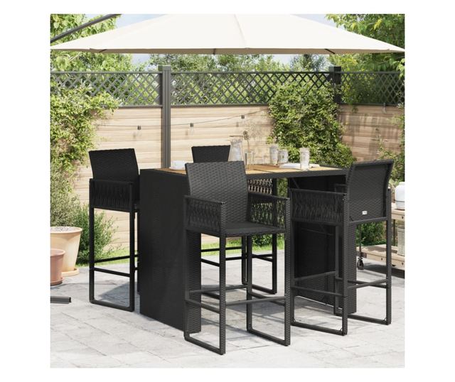 fekete polyrattan kerti bárasztal akácfa lappal 145x80x110 cm