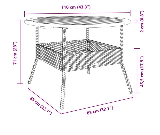 szürke polyrattan kerti asztal akácfa lappal Ø110 x 71 cm