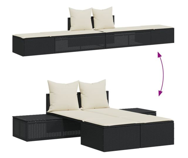 fekete polyrattan dupla napozóágy párnával