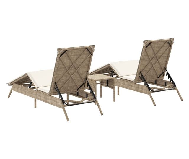 2 db bézs polyrattan napozóágy asztallal