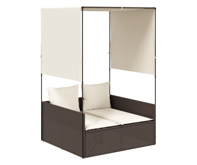 barna polyrattan dupla napozóágy tetővel és függönyökkel