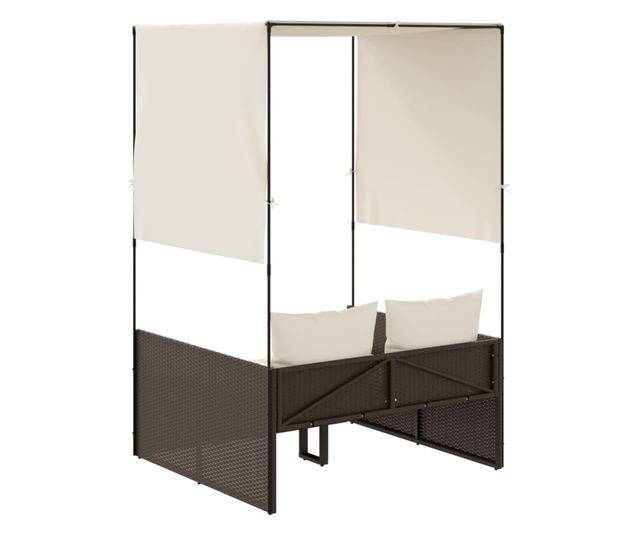 barna polyrattan dupla napozóágy tetővel és függönyökkel