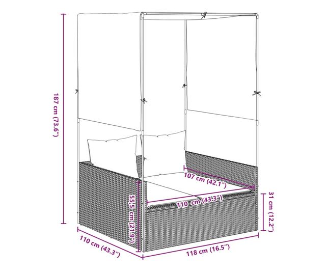 barna polyrattan dupla napozóágy tetővel és függönyökkel
