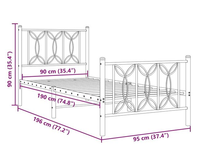 fehér fém ágykeret fej- és lábtámlával 90 x 190 cm