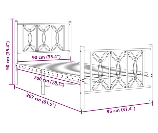 fekete fém ágykeret fej- és lábtámlával 90 x 200 cm