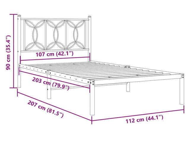 fekete fém ágykeret fejtámlával 107 x 203 cm