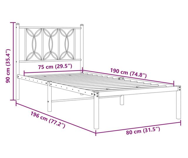 fekete fém ágykeret fejtámlával 75 x 190 cm