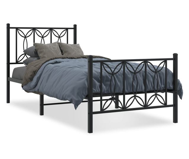 fekete fém ágykeret fej- és lábtámlával 90 x 200 cm
