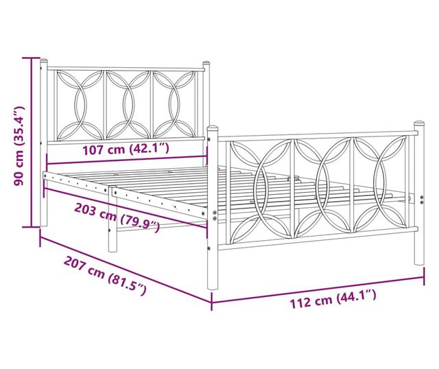 fehér fém ágykeret fej- és lábtámlával 107 x 203 cm