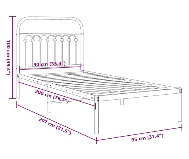 fekete fém ágykeret fejtámlával 90 x 200 cm