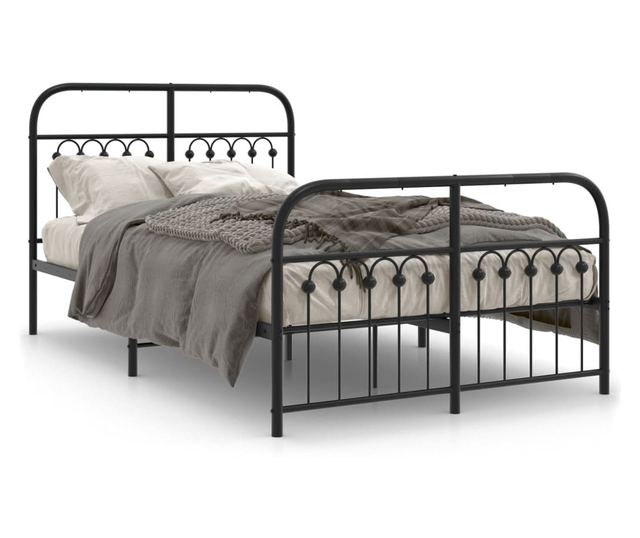 fekete fém ágykeret fej- és lábtámlával 120 x 190 cm