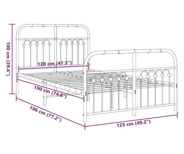 fekete fém ágykeret fej- és lábtámlával 120 x 190 cm