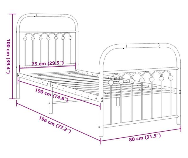fehér fém ágykeret fej- és lábtámlával 75 x 190 cm