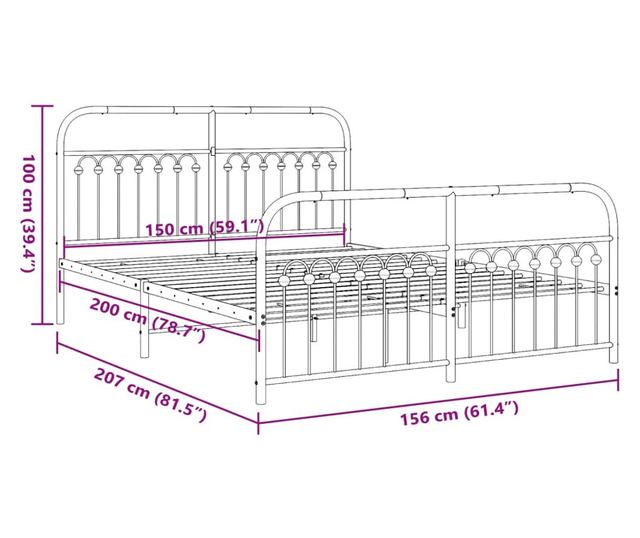 fehér fém ágykeret fej- és lábtámlával 150x200 cm