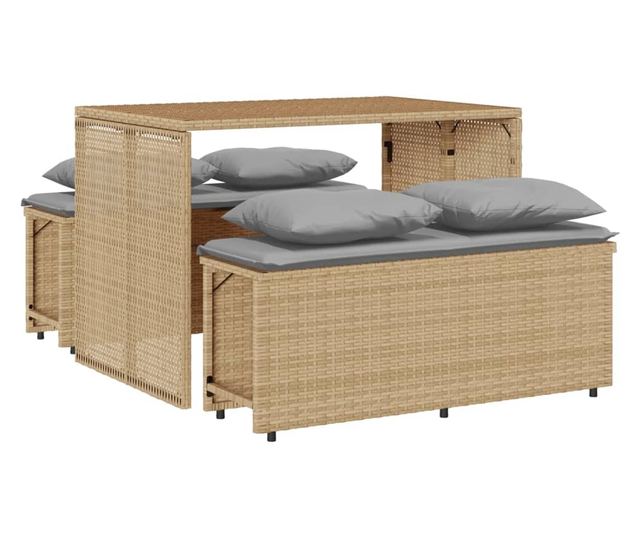 3 részes bézs polyrattan kerti étkezőgarnitúra párnákkal