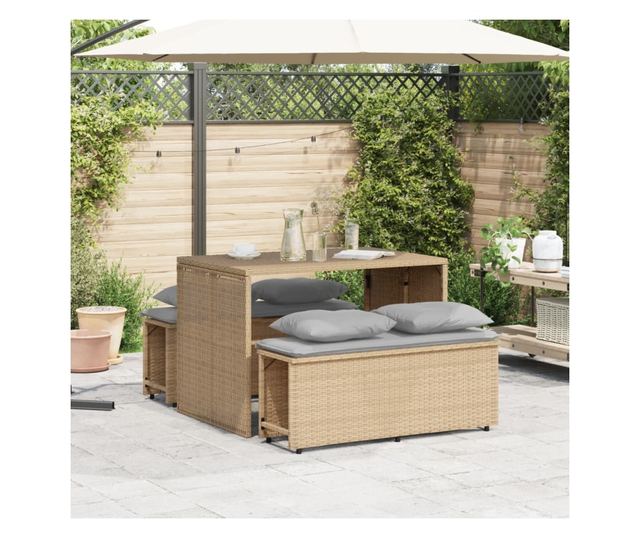 3 részes bézs polyrattan kerti étkezőgarnitúra párnákkal