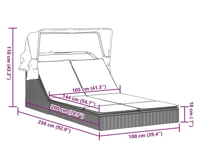 szürke polyrattan dupla napozóágy tetővel és párnával