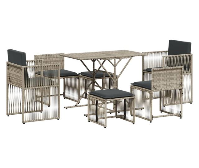 7 részes világosszürke polyrattan kerti étkezőszett párnával