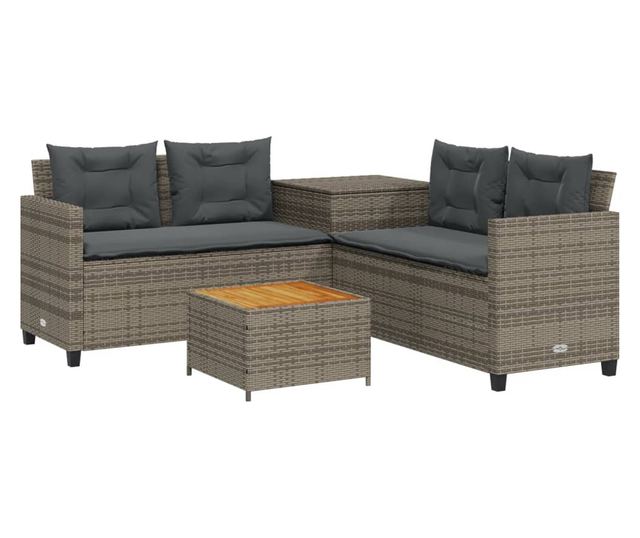 L-alakú szürke polyrattan kerti kanapé asztallal és párnákkal