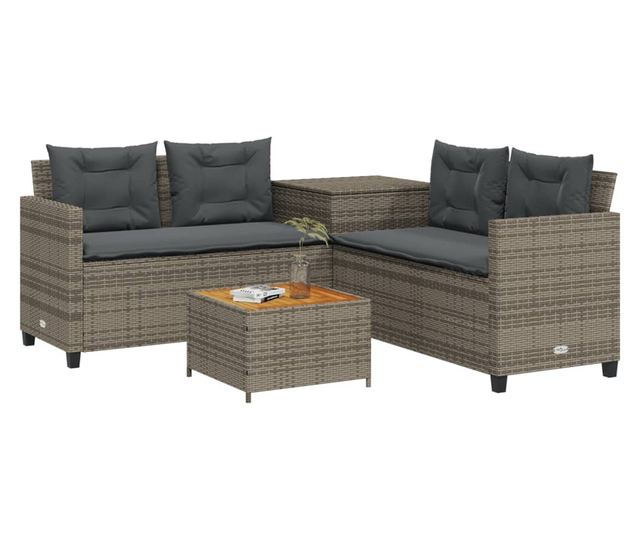 L-alakú szürke polyrattan kerti kanapé asztallal és párnákkal