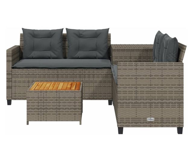 L-alakú szürke polyrattan kerti kanapé asztallal és párnákkal