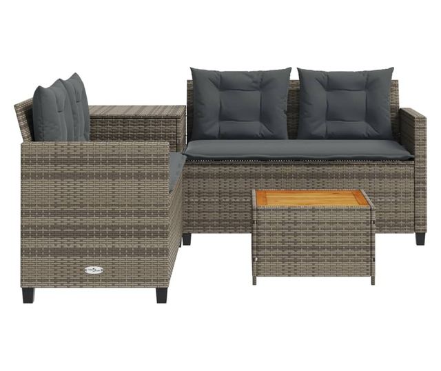 L-alakú szürke polyrattan kerti kanapé asztallal és párnákkal