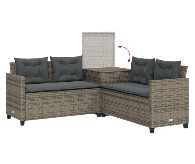 L-alakú szürke polyrattan kerti kanapé asztallal és párnákkal