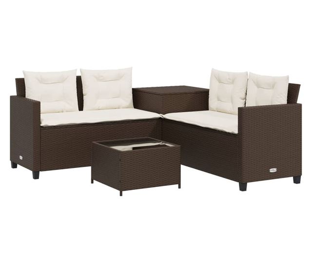 L-alakú barna polyrattan kerti kanapé asztallal és párnákkal