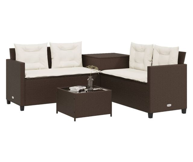 L-alakú barna polyrattan kerti kanapé asztallal és párnákkal