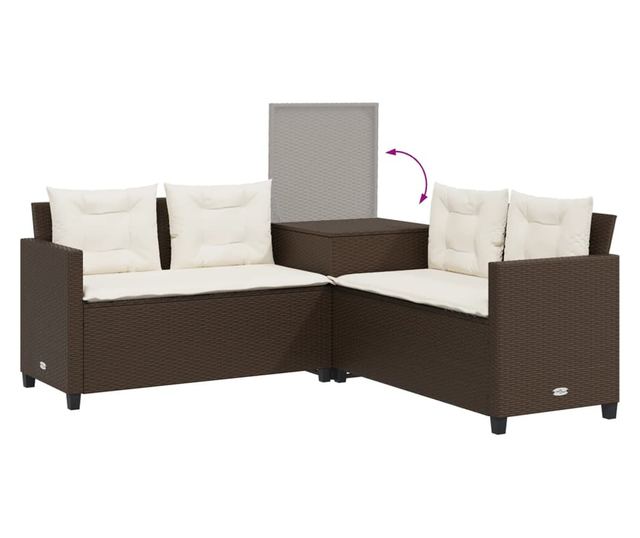 L-alakú barna polyrattan kerti kanapé asztallal és párnákkal