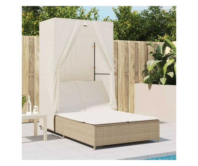bézs polyrattan dupla napozóágy tetővel és függönyökkel
