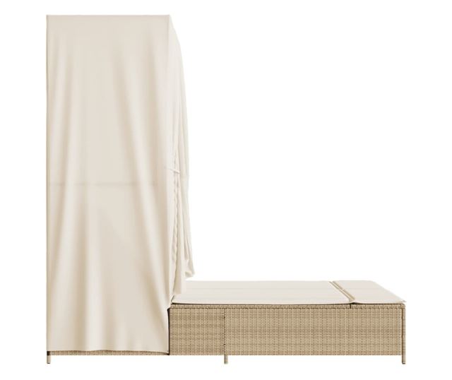 bézs polyrattan dupla napozóágy tetővel és függönyökkel